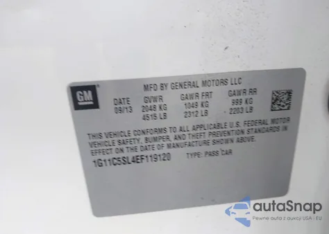 2014 Chevrolet Malibu 1Lt z USA, uszkodzony, nr VIN 1G11C5SL4EF119120